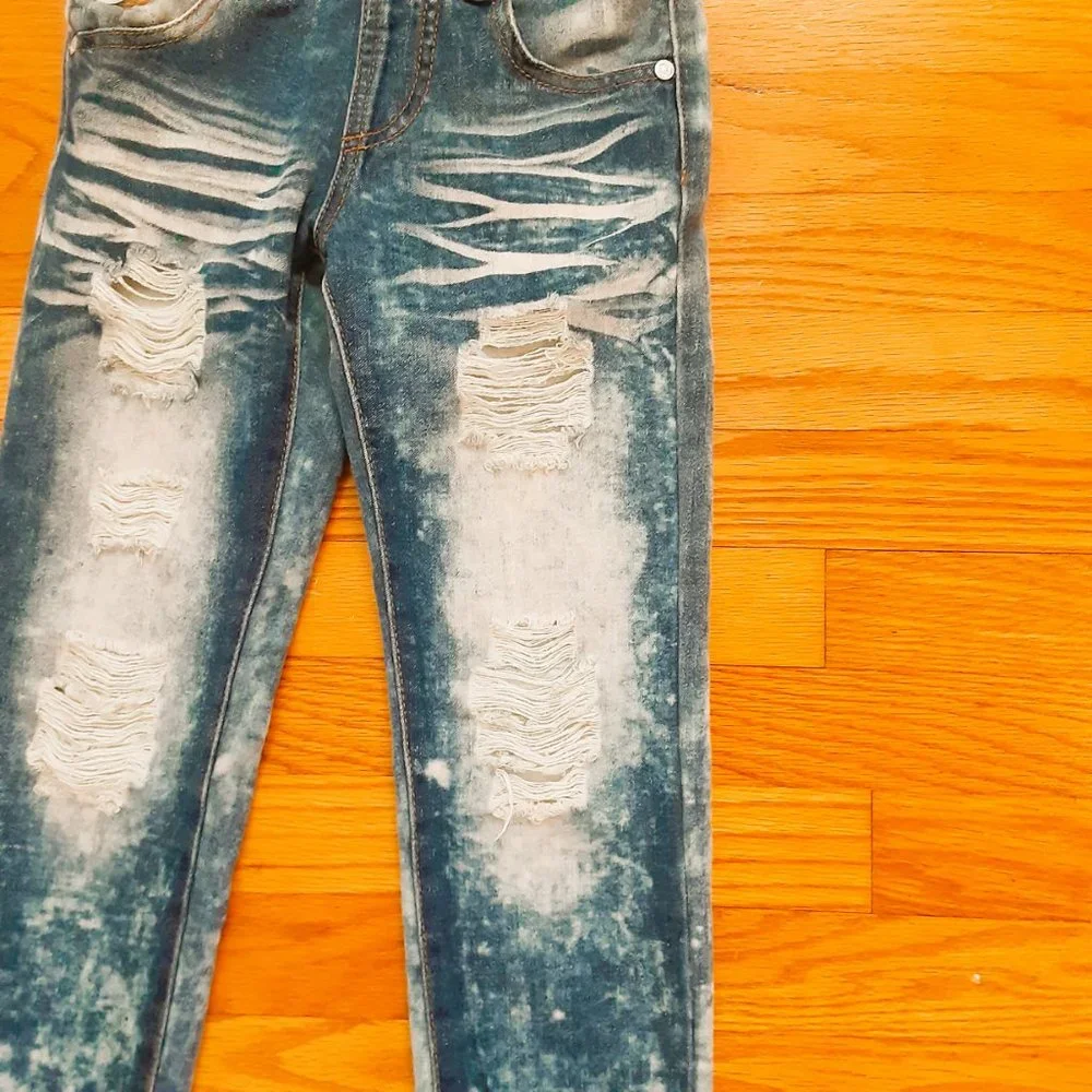 Girl's Acid Washed Denim Overalls Size 7 Distressed Jeans with Pockets